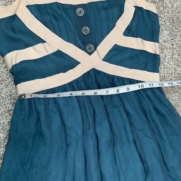 Burlapp Anthropologie Turquoise Cream Trim Silk Mini Dress - Picture 8 of 11
